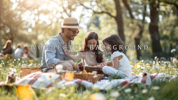 PSD a family picnic in a sunny meadow