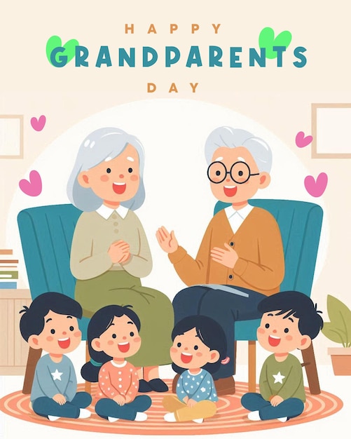 a family portrait with grandparents and a happy grandparents