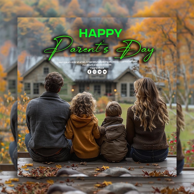 a family sits on a bench in front of a house with a sign that says happy fathers day