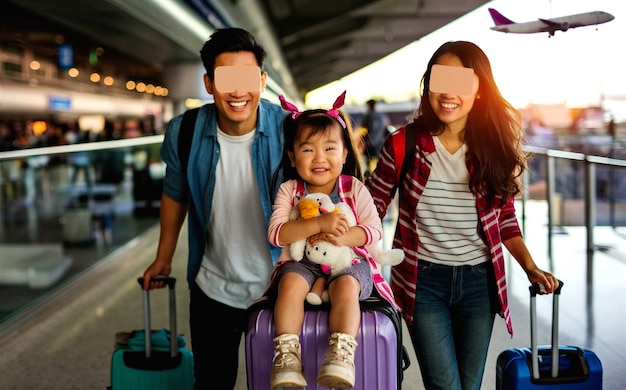 a family with luggage and a girl with a stuffed animal on the luggage