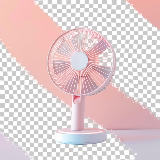 a fan sits on a table with a pink background