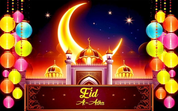 Fantastic eid al adha poster with beautiful mosque background