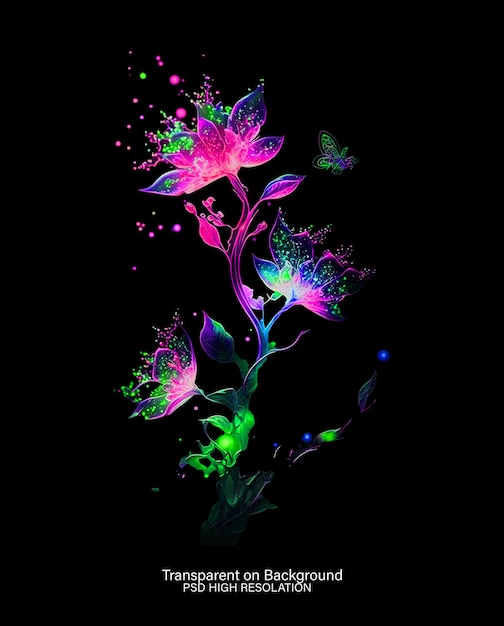 Fantastic flower drawn with coloured glowing lines in transparent background