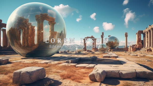 PSD fantastic and majestic ancient ruins with drifting spheres