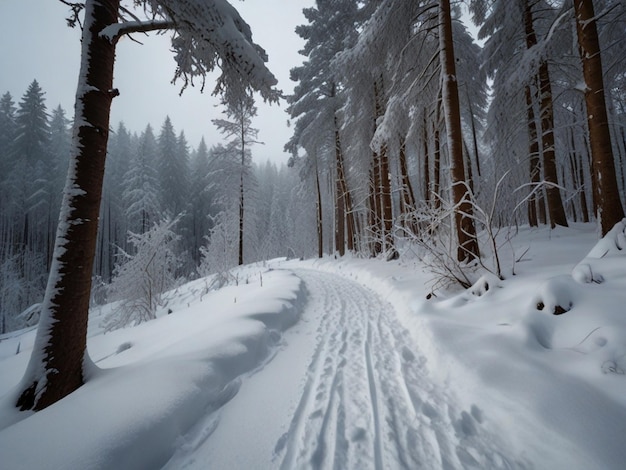 Fantastic winter landscape and trodden trails that lead into the snow forest