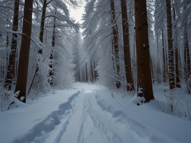 PSD fantastic winter landscape and trodden trails that lead into the snow forest