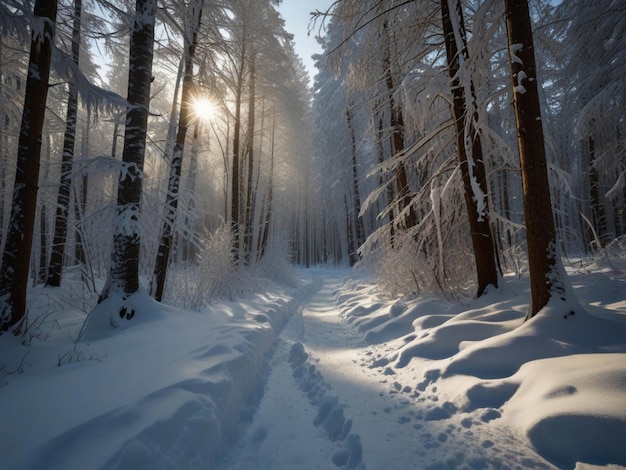 Fantastic winter landscape and trodden trails that lead into the snow forest