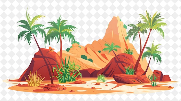 PSD fantastical desert oasis landscape with palm trees and hidde illustration natural scenery design