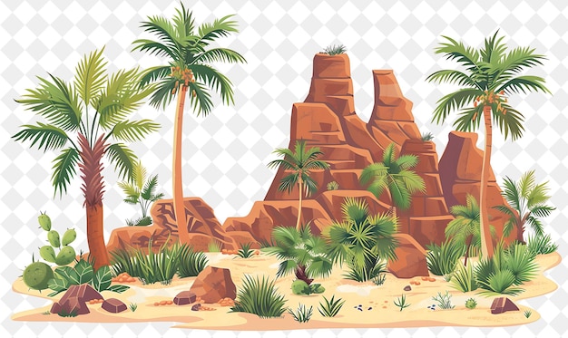 PSD fantastical desert oasis landscape with palm trees and hidde illustration natural scenery design