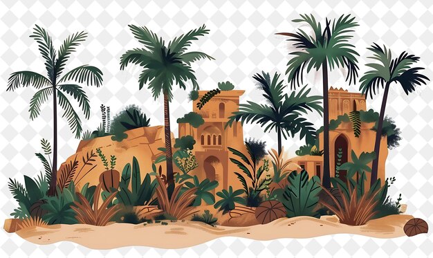 PSD fantastical desert oasis landscape with palm trees and hidde illustration natural scenery design