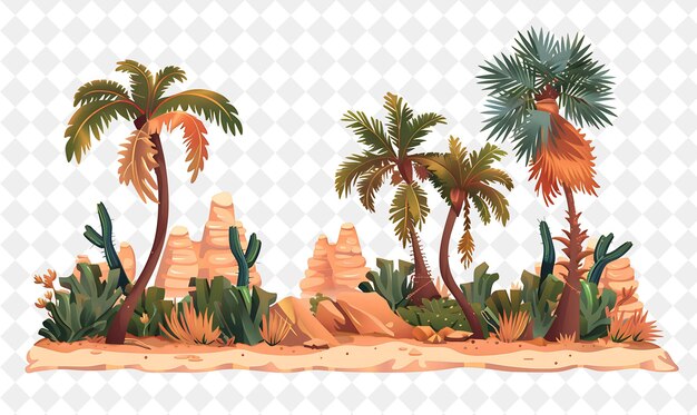 PSD fantastical desert oasis landscape with palm trees and hidde illustration natural scenery design