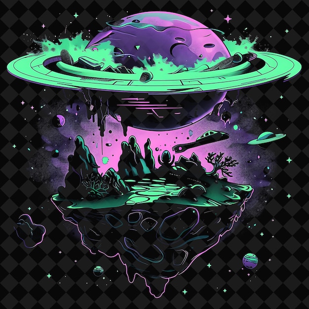 PSD fantastical neon alien planet inside a silhouette of a space png y2k ocean of light collections