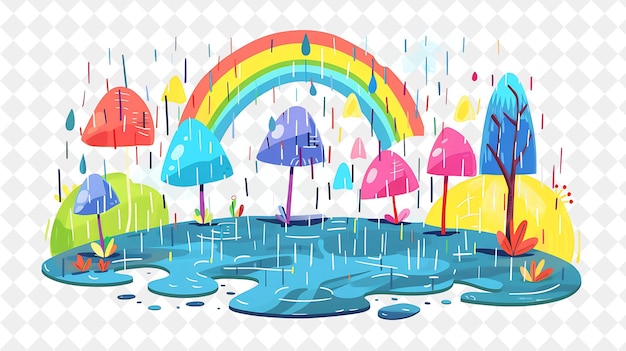 PSD fantastical rainy landscape with rainbows and puddles landsc illustration natural scenery design