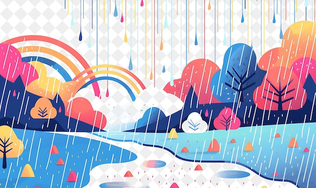 PSD fantastical rainy landscape with rainbows and puddles landsc illustration natural scenery design