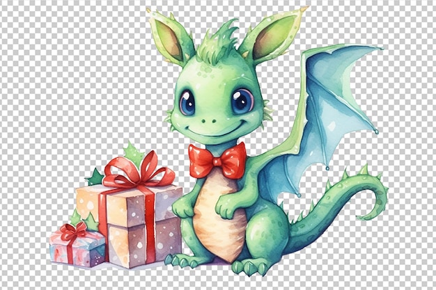 Fantasy cute green dragon with a gift