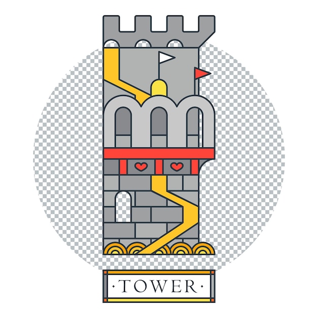 Fantasy medieval tower with flags and hearts Dragon fortress with a bridge