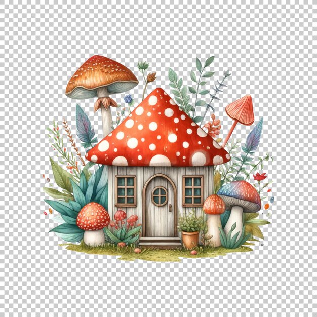 PSD fantasy mushroom house with floral garden isolated on transparent background