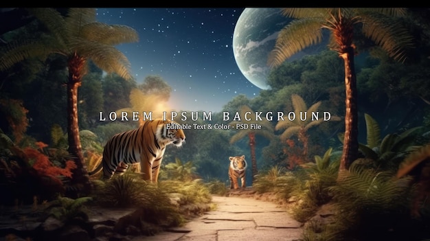 PSD fantasy tiger walking in jungles with palm trees on fabulous magical night sky background