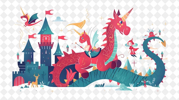 PSD fantasy world with characters having a dragon ride design is people life style flat illustration