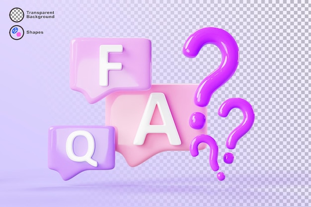 PSD faq font letters on speech bubbles with question marks on purple background 3d render chat messages color icons search answer online dialog with support talk boxes with ask signs