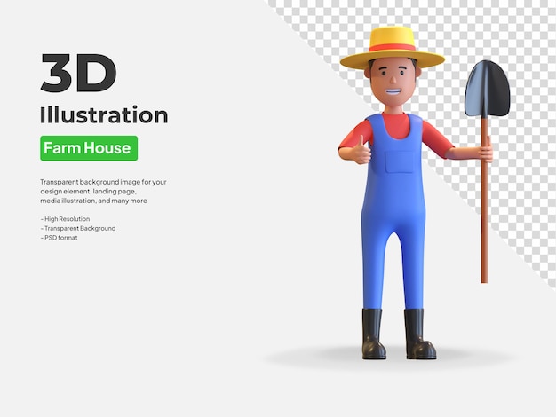 farmer carrying shovel and show thumb cartoon character isolated 3d render illustration