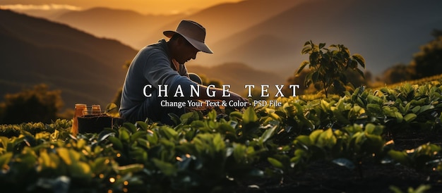 Farmer on coffee field at sunset