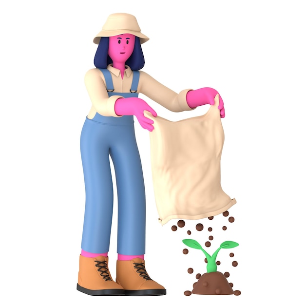 Farmer Girl Put Fertilize bag Agriculture Village