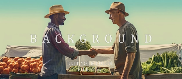 farmer wearing a cowboy hat makes a transaction with a seller at a vegetable grocery store