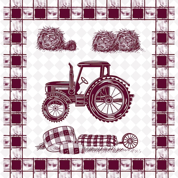 PSD farmhouse tractor folk art with plaid pattern and png outline frame on clean background collection