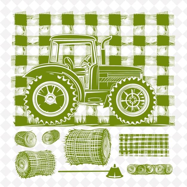 PSD farmhouse tractor folk art with plaid pattern and png outline frame on clean background collection