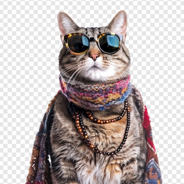 PSD fashion female cat wearing scarf and necklace with sunglasses on transparency background psd