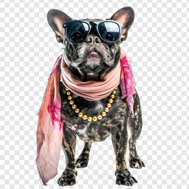 Fashion female dog wearing scarf and necklace with sunglasses on transparency background PSD