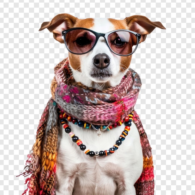 Fashion female dog wearing scarf and necklace with sunglasses on transparency background PSD