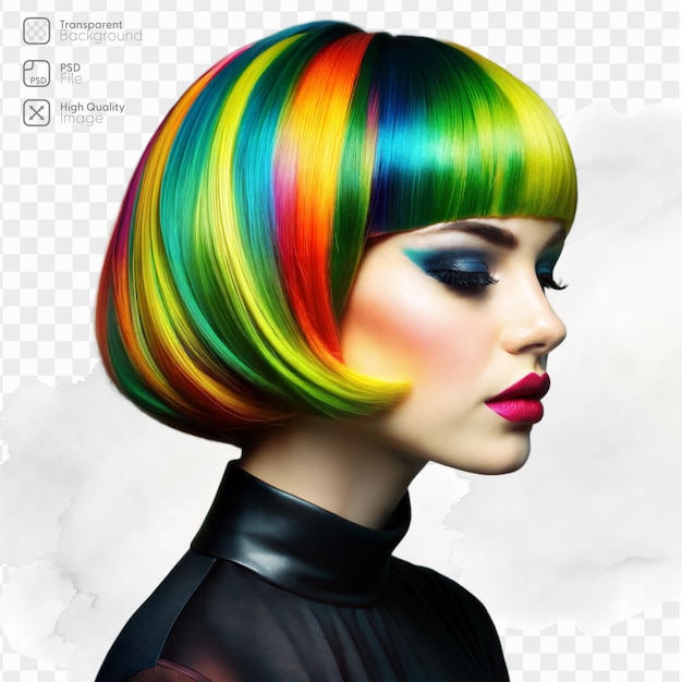 PSD fashion model with vibrant rainbow hair and bold makeup