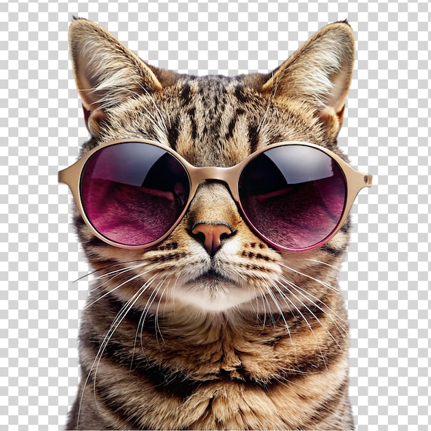 PSD fashion portrait of a cat wearing sunglasses isolated on transparent background