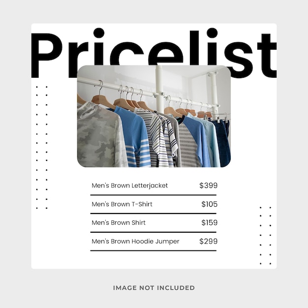 Fashion Price List Instagram Post Template Social Media Branding Editable PSD