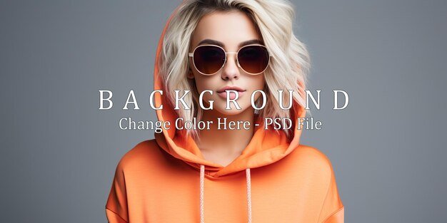 PSD fashionable confident woman wearing trendy sunglasses and orange sweater