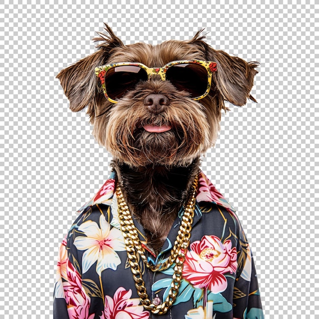 Fashionable dog in sunglasses and floral shirt isolated on transparent background