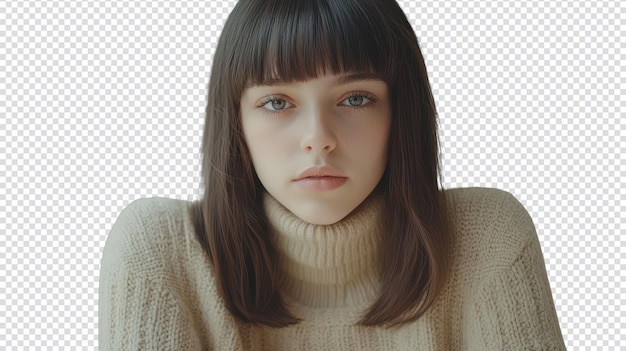 PSD fashionable girl with straight bangs in a turtleneck sweater for trendy outfits