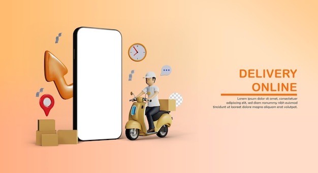 fast delivery man hold the box with phone and motorcycle in 3d rendering Premium Psd