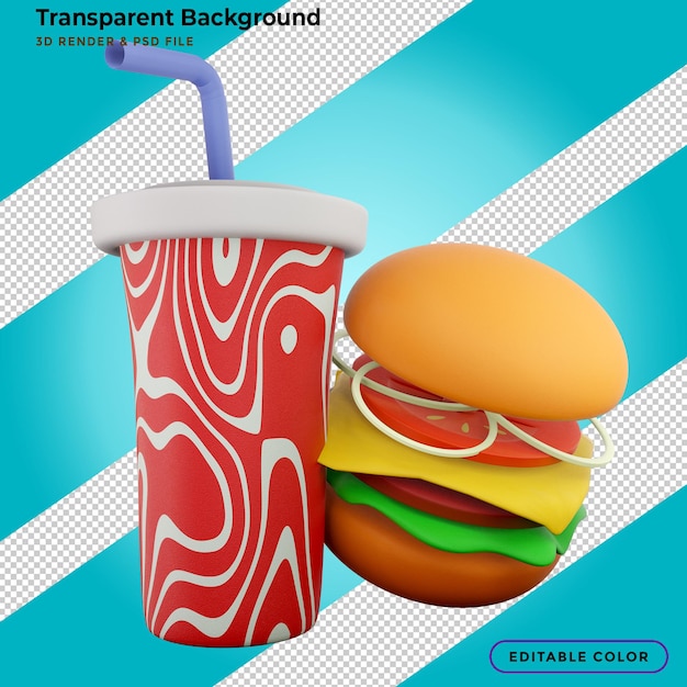 Fast food hamburger, fries and soft drink 3d illustration