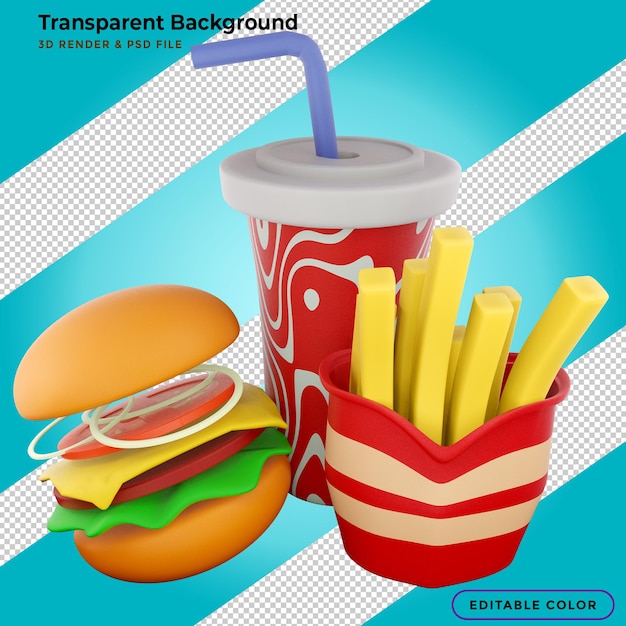 Fast food hamburger, fries and soft drink 3d illustration