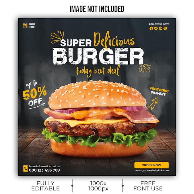 Fast food restaurant menu and burger social media promotion banner template