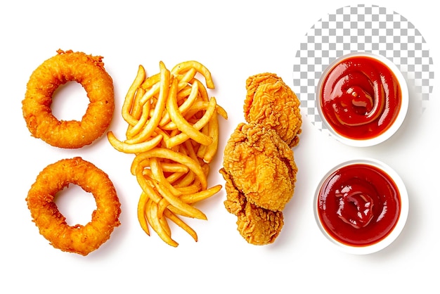 Fast food and unhealthy eating concept close up of fries and burger on transparent background