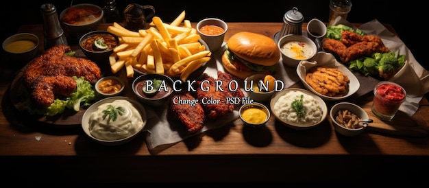 Fast food on a wooden table in a restaurant Restaurant menu