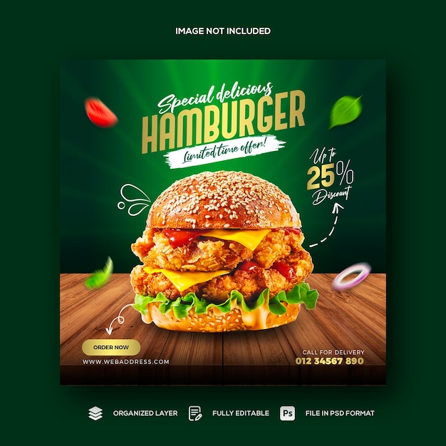 Fastfood restaurant menu and burger social media promotion banner template