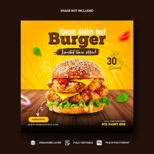 Fastfood restaurant menu and burger social media promotion banner template