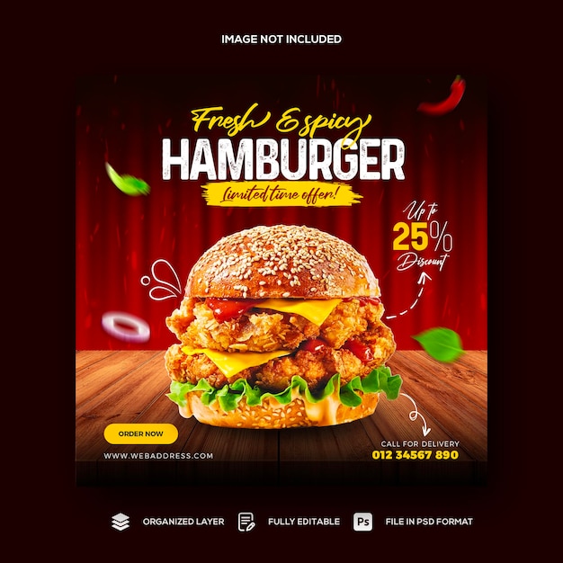 Fastfood restaurant menu and burger social media promotion banner template