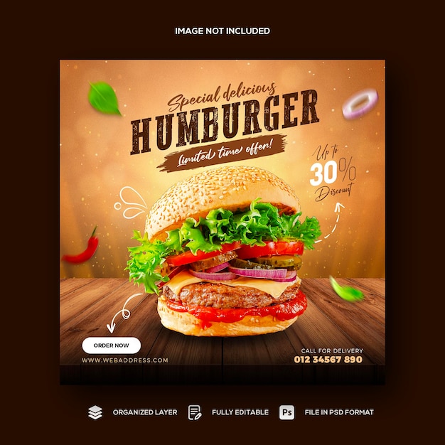 Fastfood restaurant menu and burger social media promotion banner template