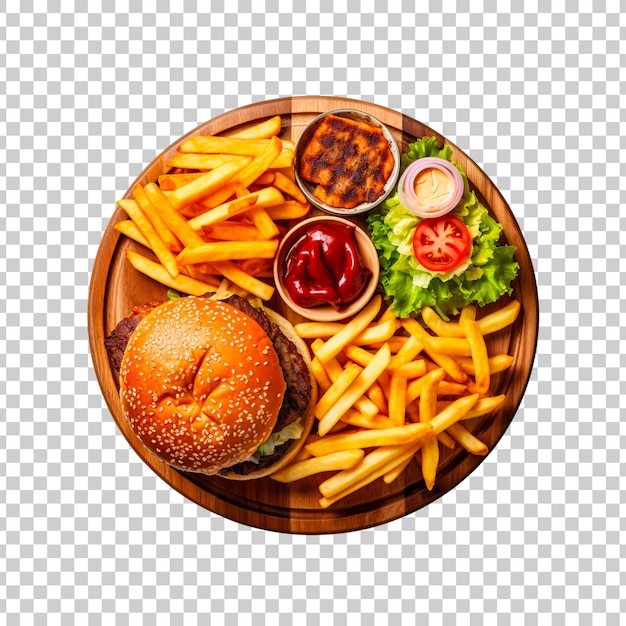 Fastfood on a wooden board on a transparent background